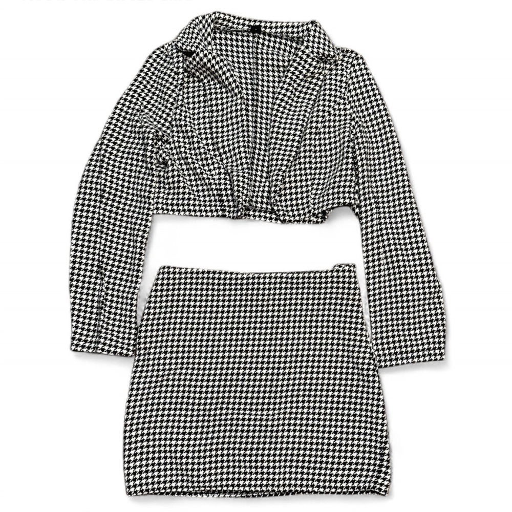 Black and White Houndstooth Two-Piece Set - Mini Skirt and Cropped Blazer